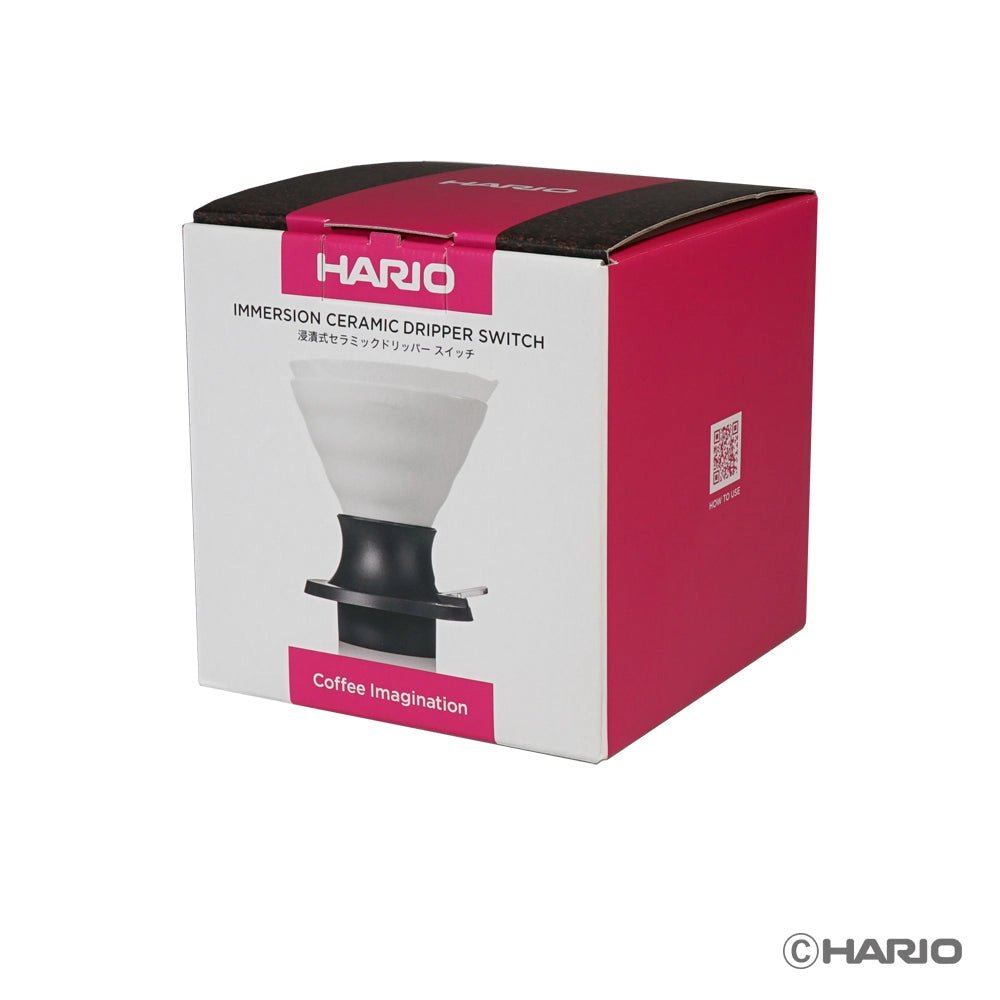 Hario coffee brewing device packaging with red and white design