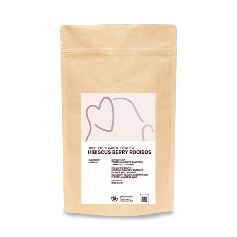A bag of loose leaf organic hibiscus berry rooibos herbal tea