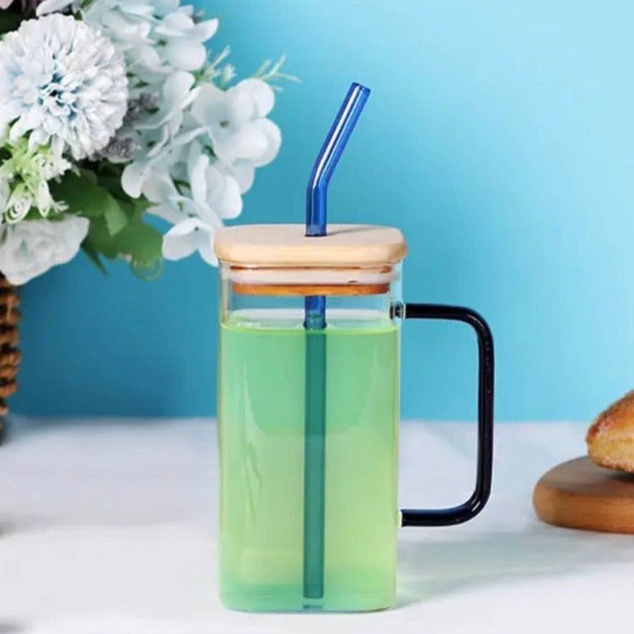 Square Glass Tumbler with Colored Handle and Straw - café la maison J.