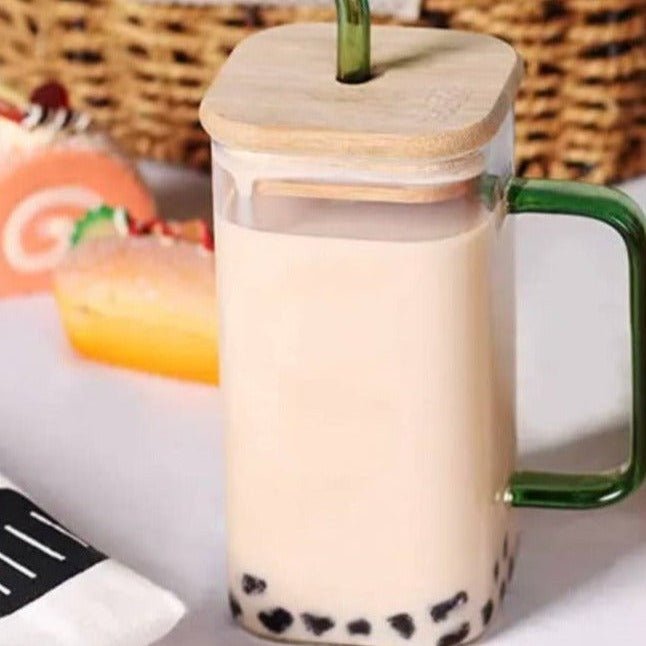 Square Glass Tumbler with Colored Handle and Straw - café la maison J.