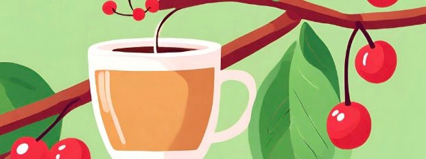 an illustrated coffee tree with coffee cherries and a coup of latte