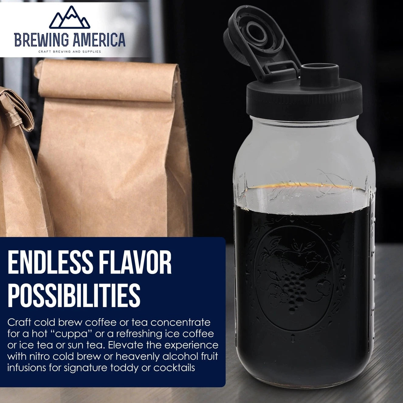 a 64oz Mason Jar Cold Brew Coffee Maker Kit next to a sign of " ENDLESS FLAVOR POSSIBILITIES"