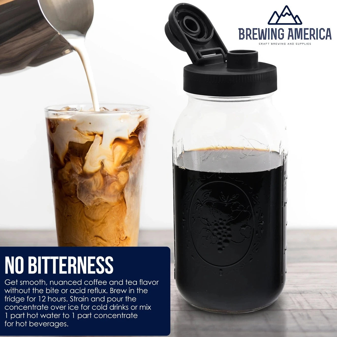 a Mason Jar Cold Brew Coffee Maker next to a glass of iced latte and a " NO BITTERNESS" sign