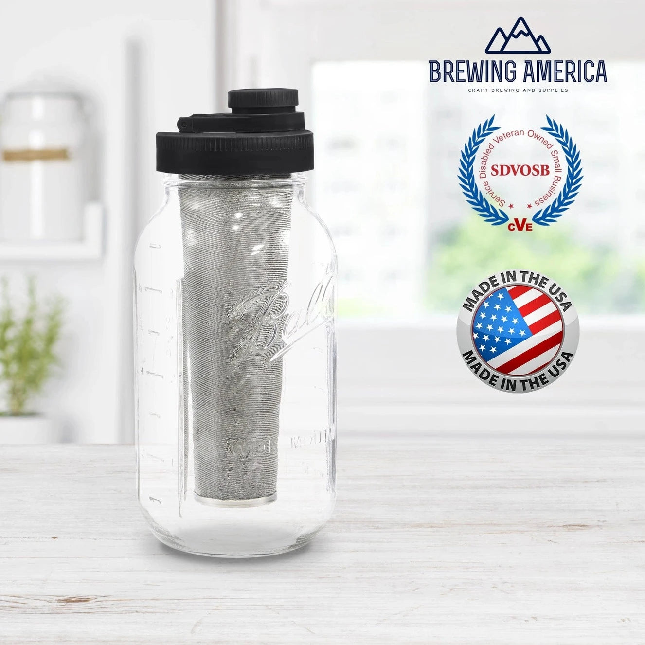 a 64oz Mason Jar Cold Brew Coffee Maker and "BREWING AMERICA" trade mark, SDVOSB, MADE IN THE USA