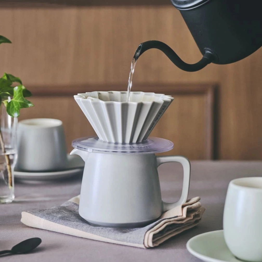 Table setting of grey ORIGAMI dripper, ceramic coffee server, Aroma mug and Barrel Aroma cup