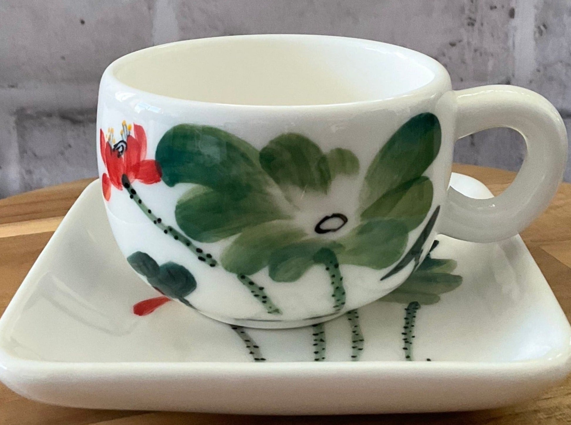 A Watercolor Painting Waterlily Latte Cup with Square Shaped Saucer, Perfect for Tea as well as Coffee Latte