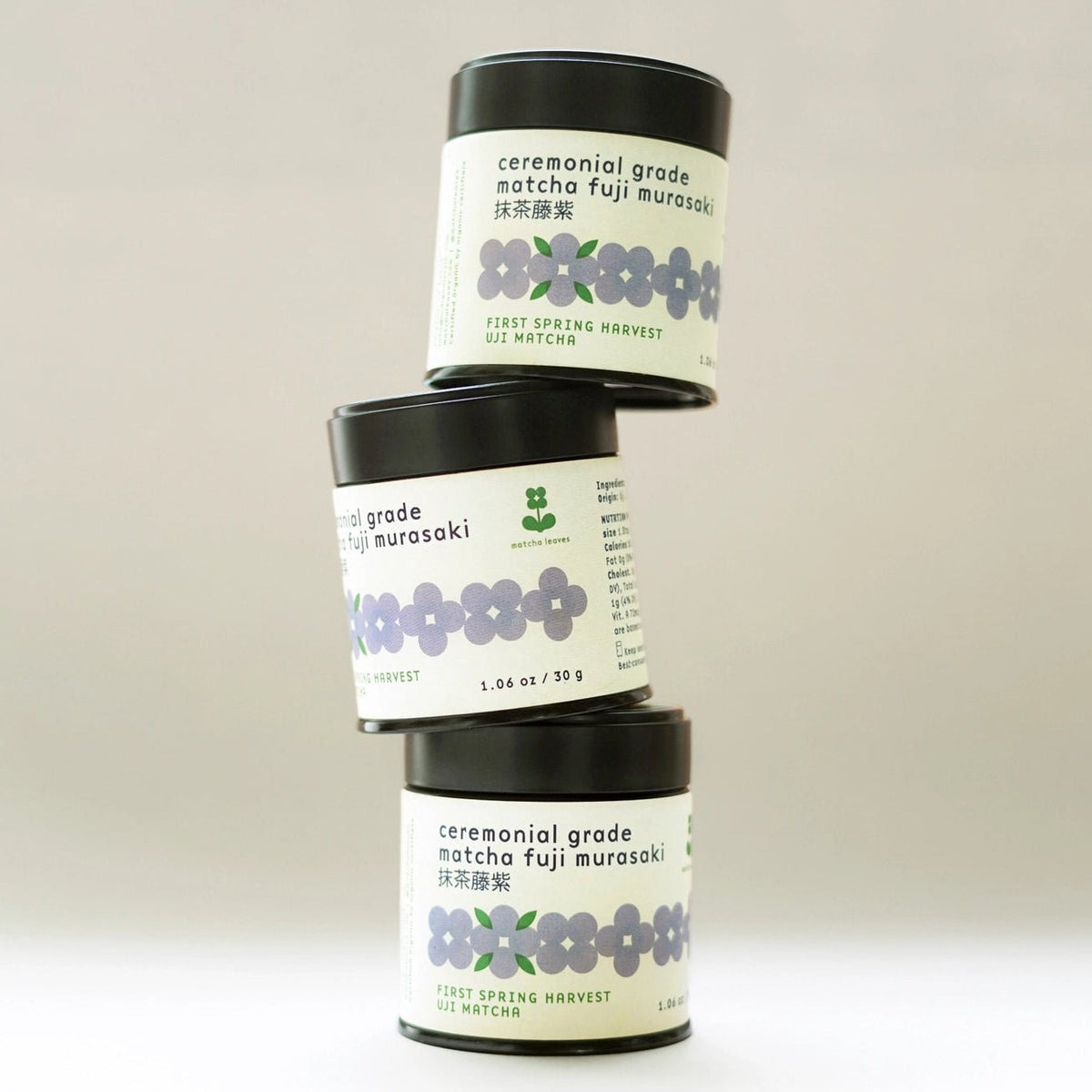 Three organic ceremonial matcha tin stacking up