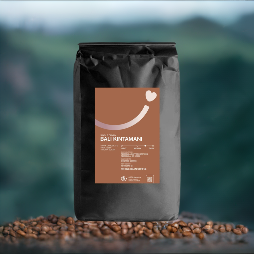 A bag of organic single origin Bali Kintamani with blur landscape backdrop