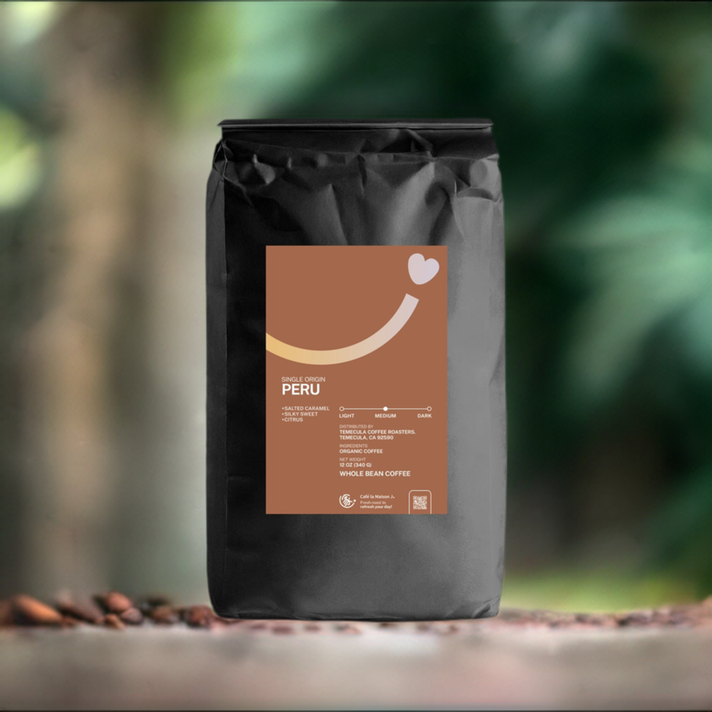 A bag of organic single origin PERU with blur Amazona, Peru forrest backdrop