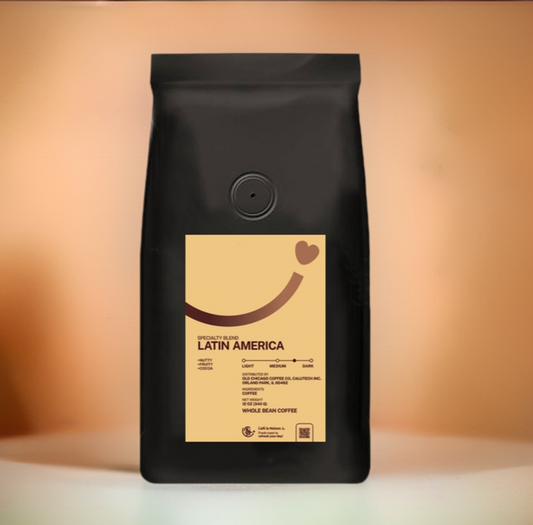 a bag of specialty grade blended coffee from Latin America, the label has a gradient brown color smiley line with a heart shape at the end, and the background is yellow-orange tone to match the label's color