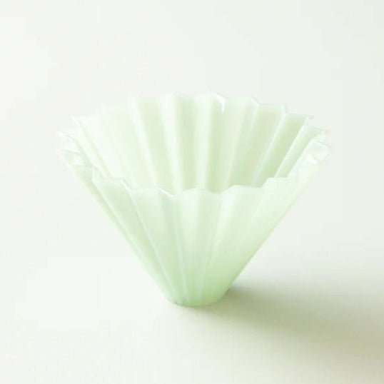 An AS Resin matte green ORIGAMI Japan 20-rib coffee dripper
