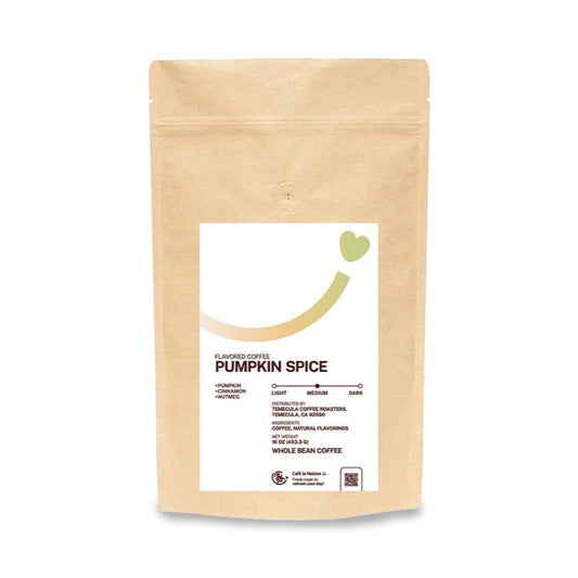 Kraft paper coffee bag with pumpkin spice flavor label on a white background