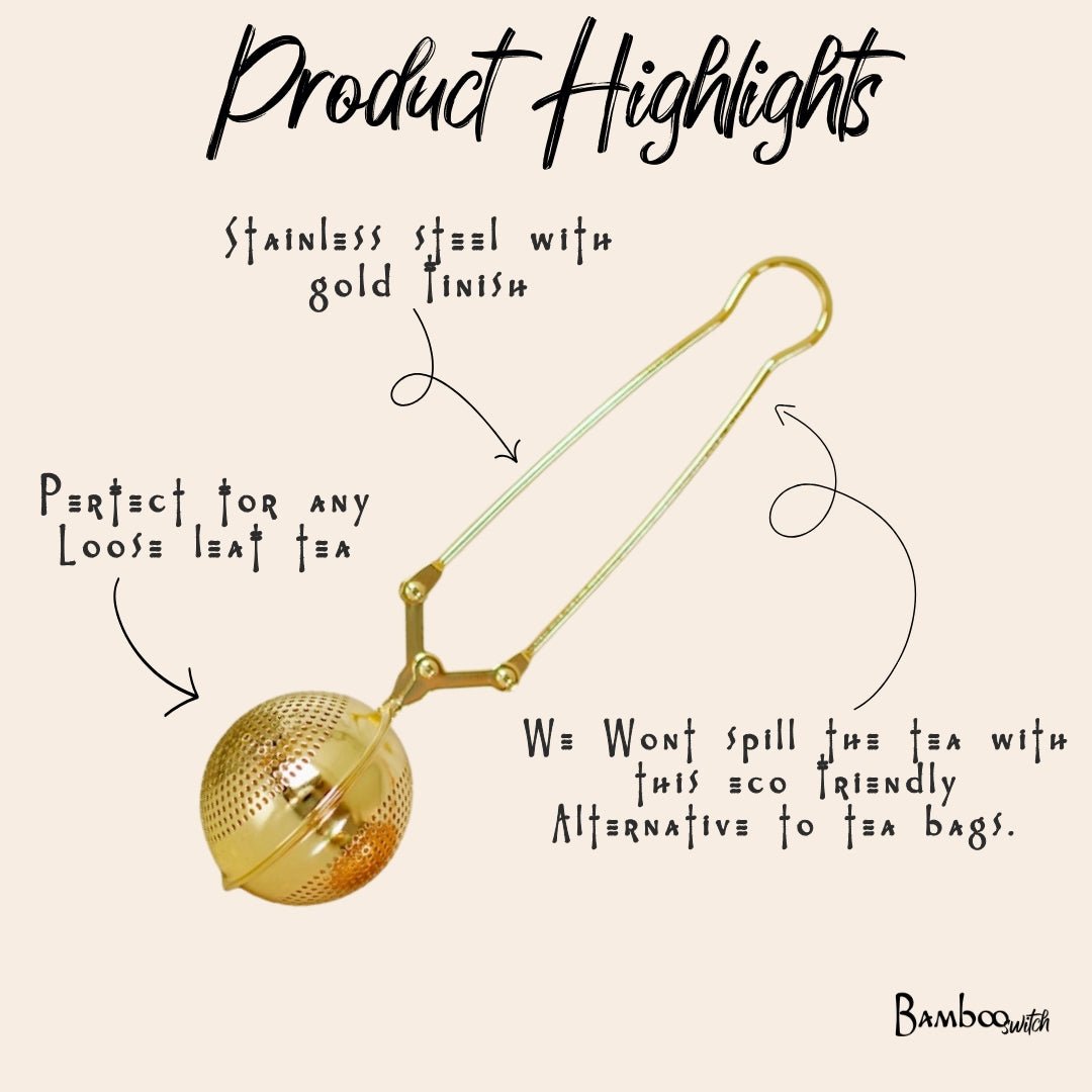 a gold stainless steel tea strainer in gold color