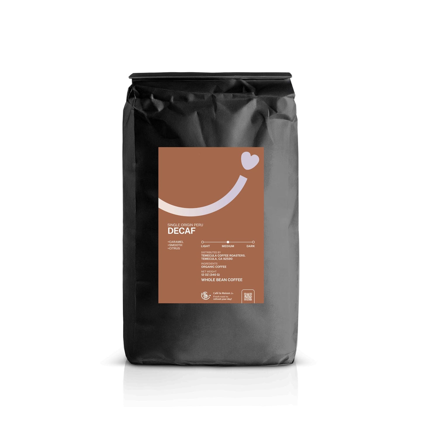 a bag of 12oz, organic single origin, medium roast, European processed decaf coffee from Peru