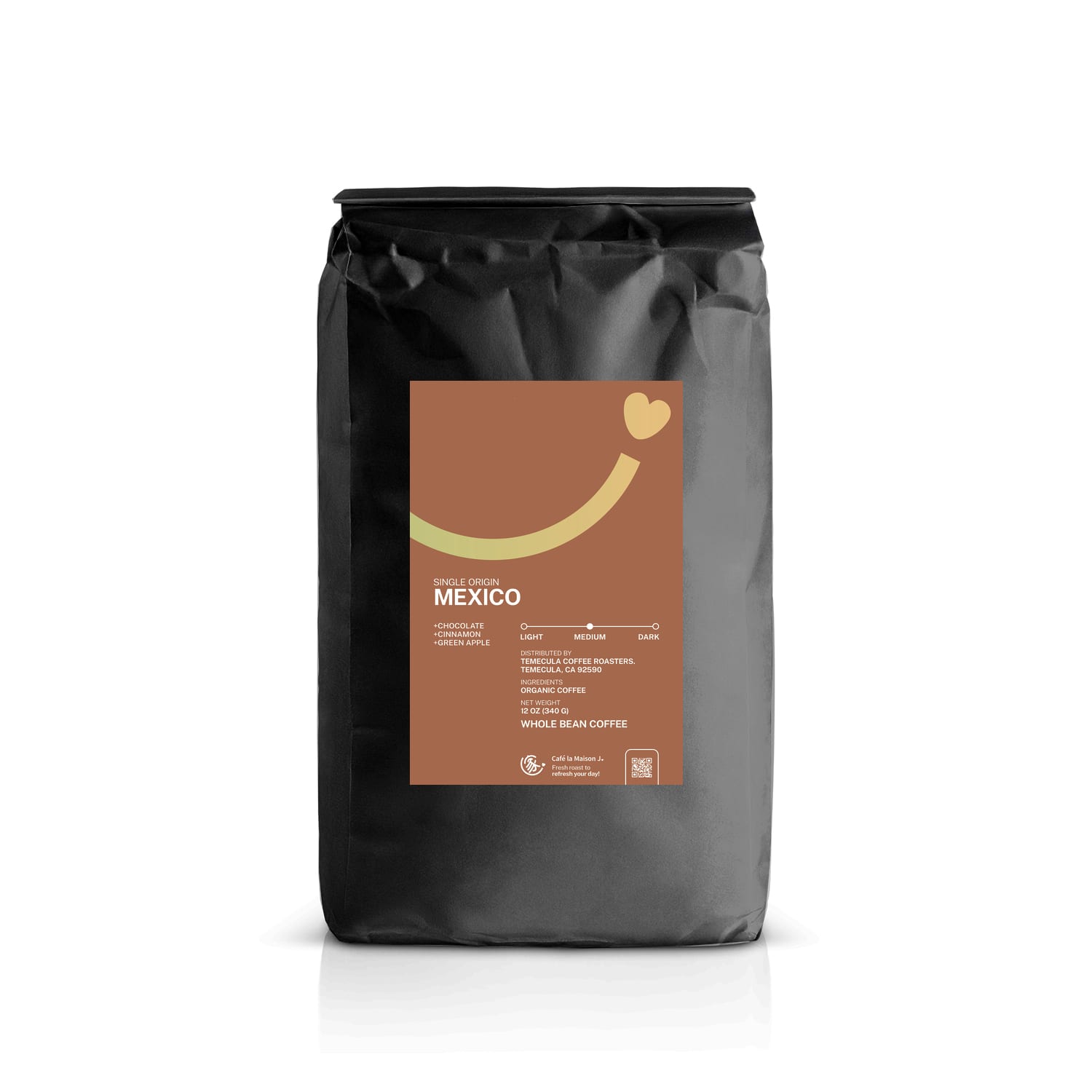 a bag of 12oz organic single origin coffee bean, medium roast, from Mexico