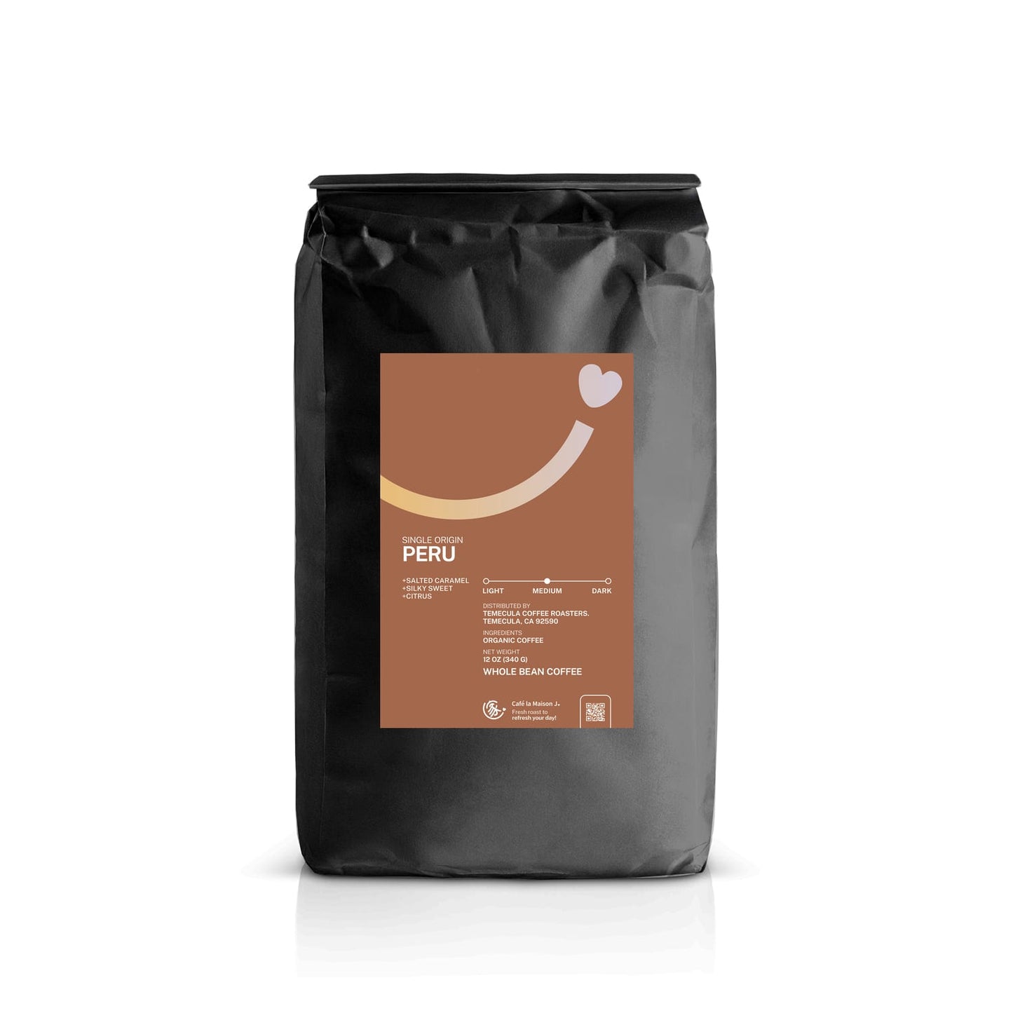 a bag of organic single origin coffee from Peru, the bag has a smiley line with a heart at the end