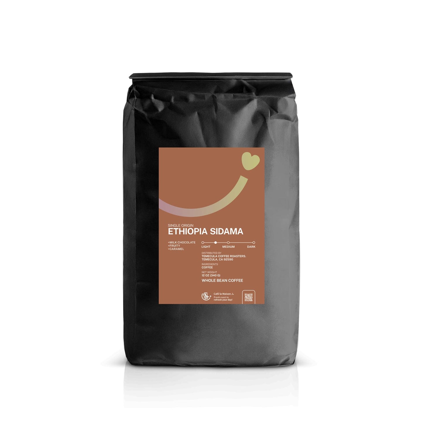 a bag of 12oz whole bean single origin Ethopia Sidama coffee