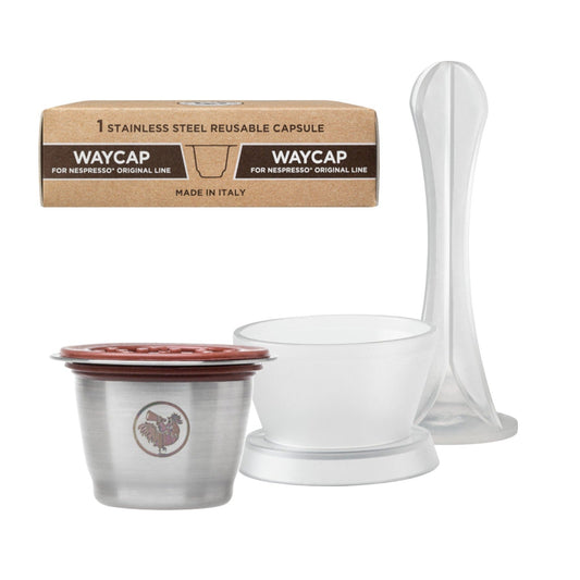 One set of WAPCAP Pop for Nespresso-Basic Kit. the image shows the package, one capsule( with silicone top), one Pop Dock and one Pop Tamper