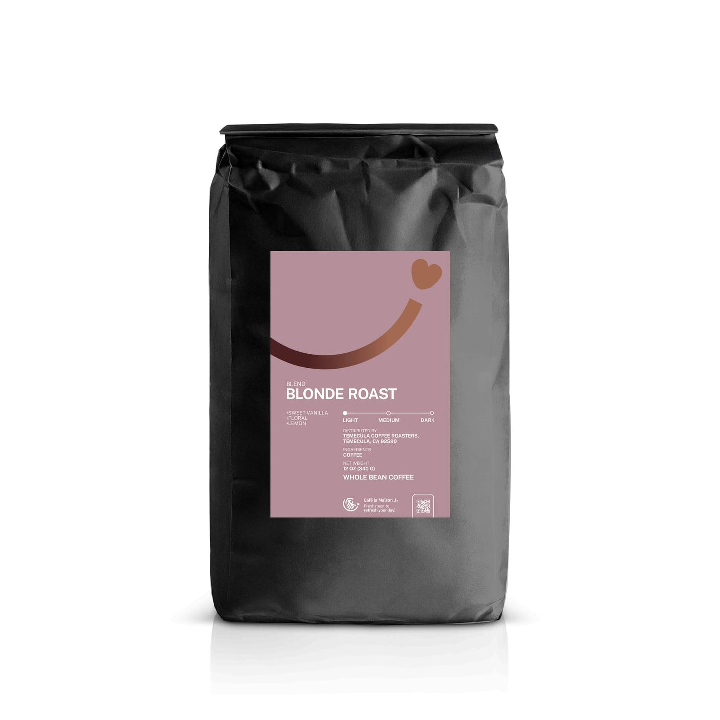 a bag of light roast specialty grade blend coffee, Blonde Roast, the label is mauve color with a brown gradient smiley line, and a heart at the end, the background is white color